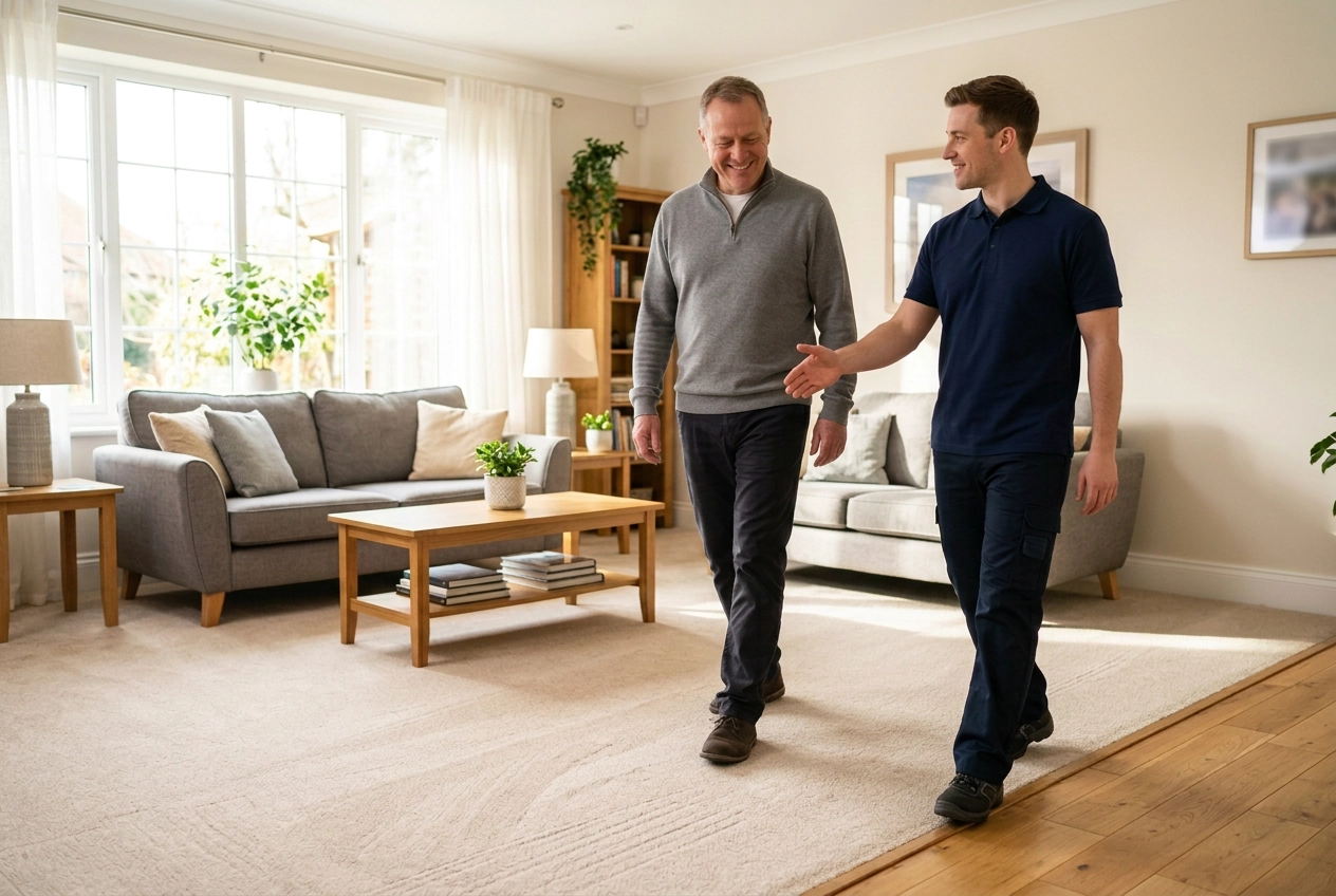Technician walking a finished room with a homeowner