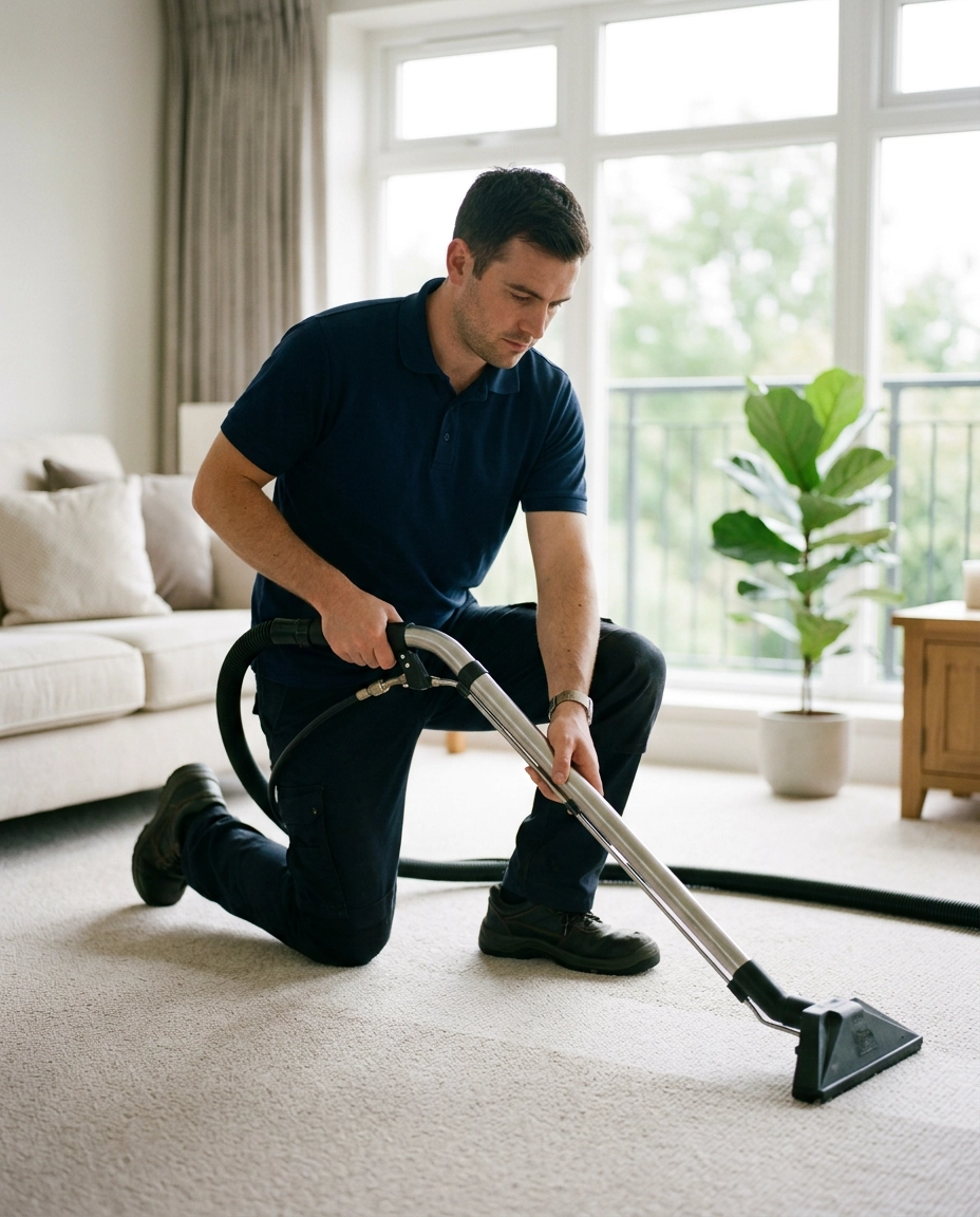 Technician carefully pre-treating a carpet stain