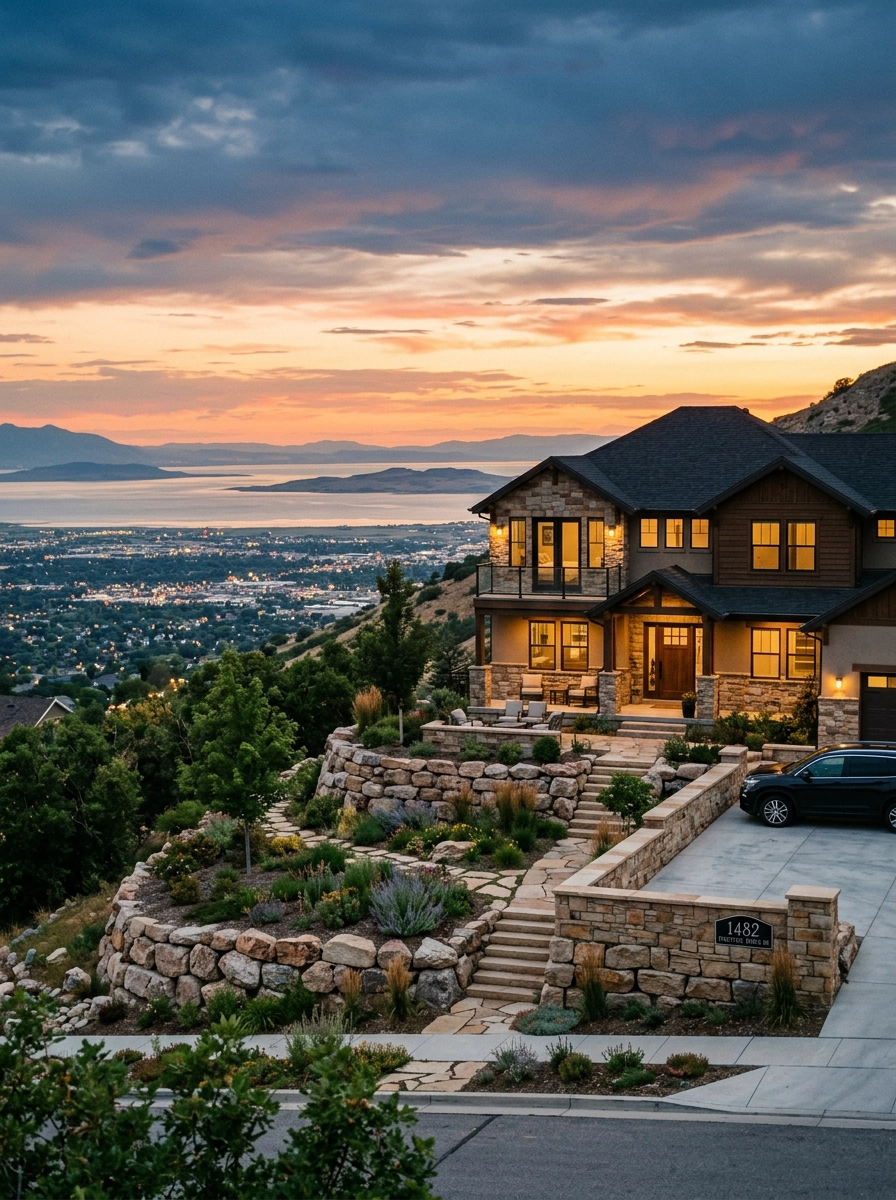 Bench home with a terraced yard and lake views in Bountiful, Utah