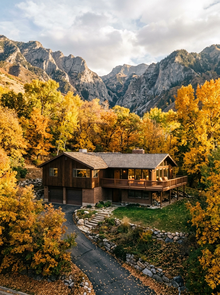Split-level home among cottonwood trees near the canyon mouth in Cottonwood Heights, Utah