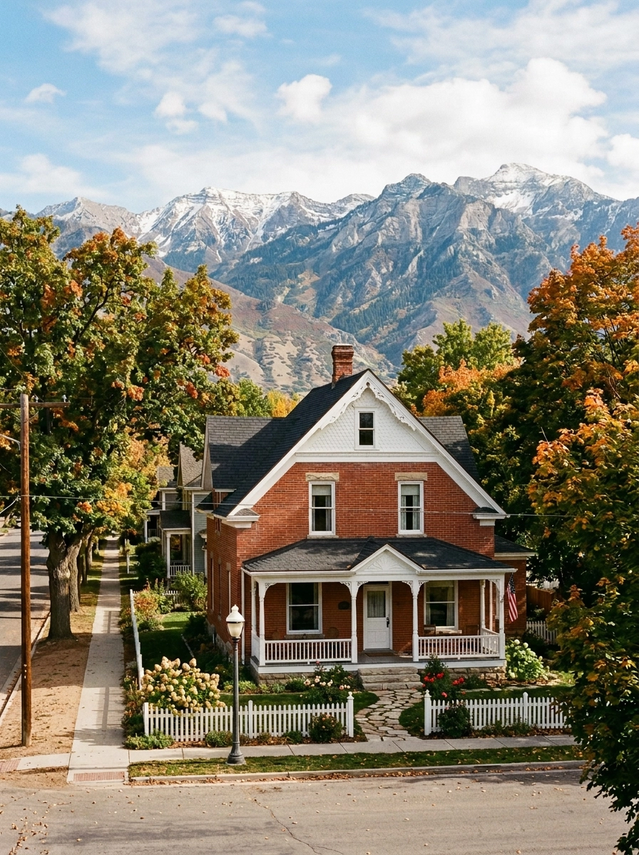 Historic brick pioneer home on a tree-lined street in Farmington, Utah