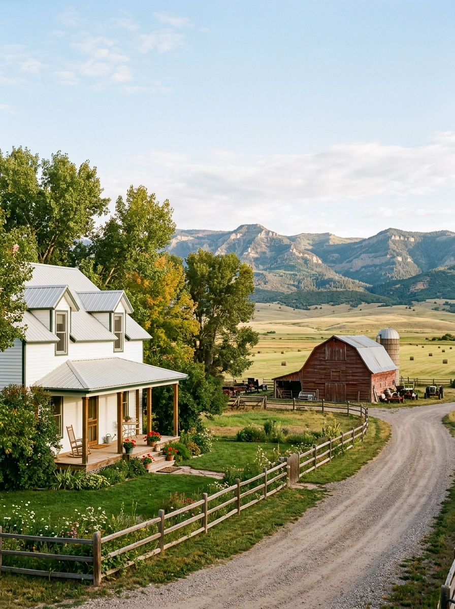 White farmhouse with a red barn and the Uinta foothills in Kamas, Utah