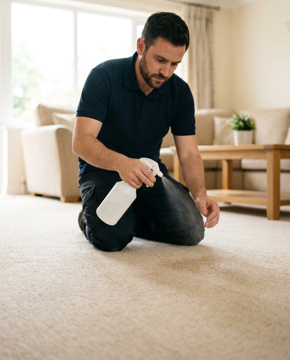 Technician treating pet odor in carpet