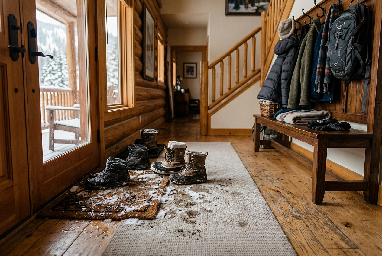 Snowy boots and a wet entry mat inside a mountain home