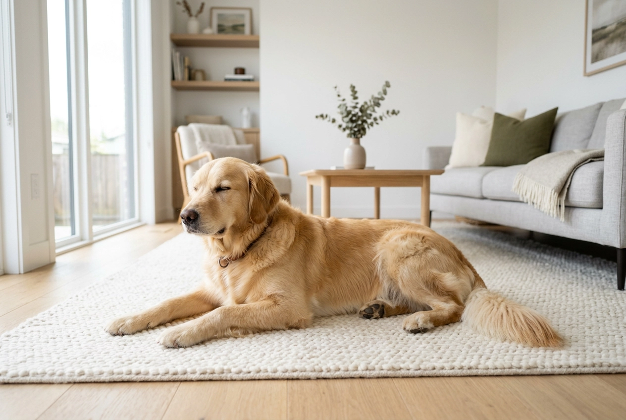 Dog lying on a clean area rug in a living room