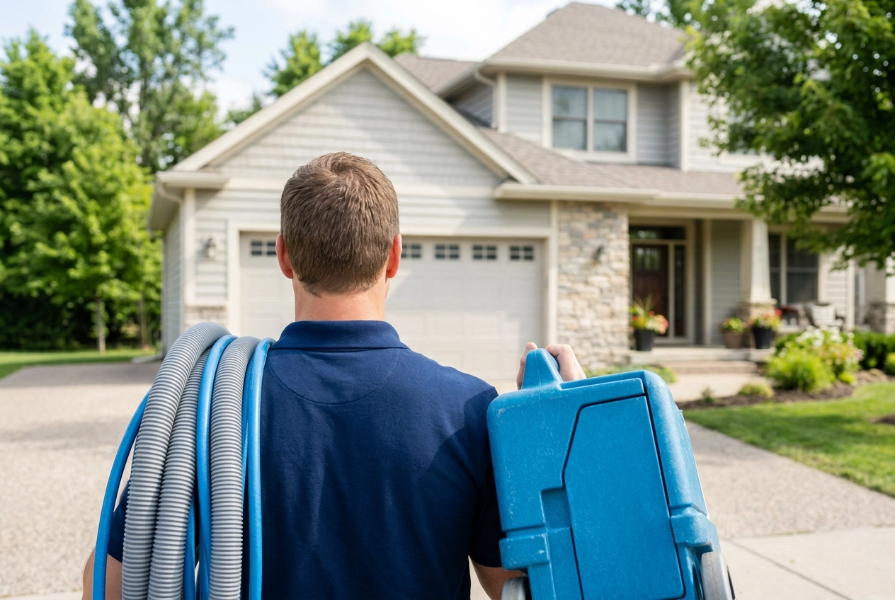 Technician arriving at the front door with equipment