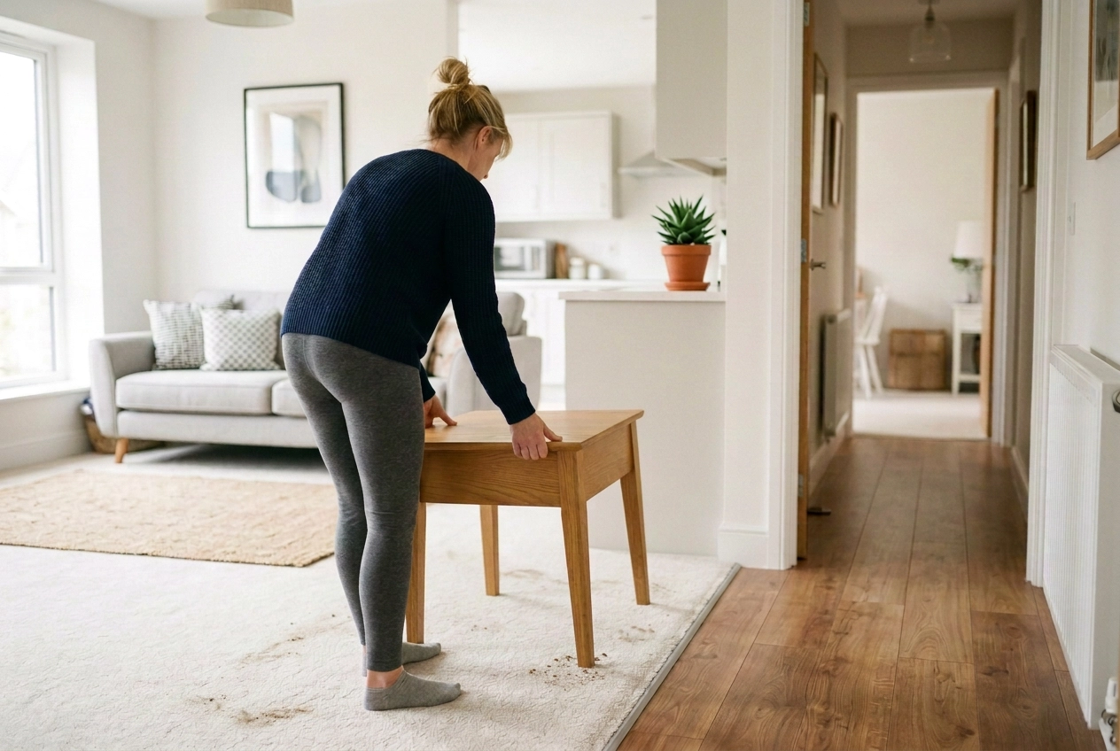 Homeowner moving small items off the carpet before the cleaning