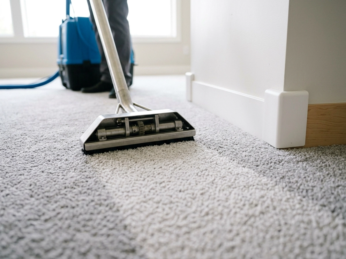 Low-moisture carpet cleaning wand on carpet