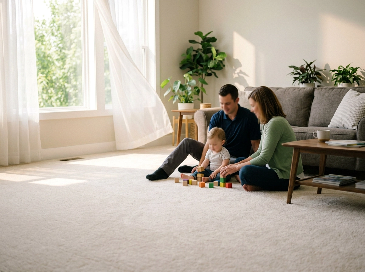 Family relaxing on freshly cleaned dry carpet