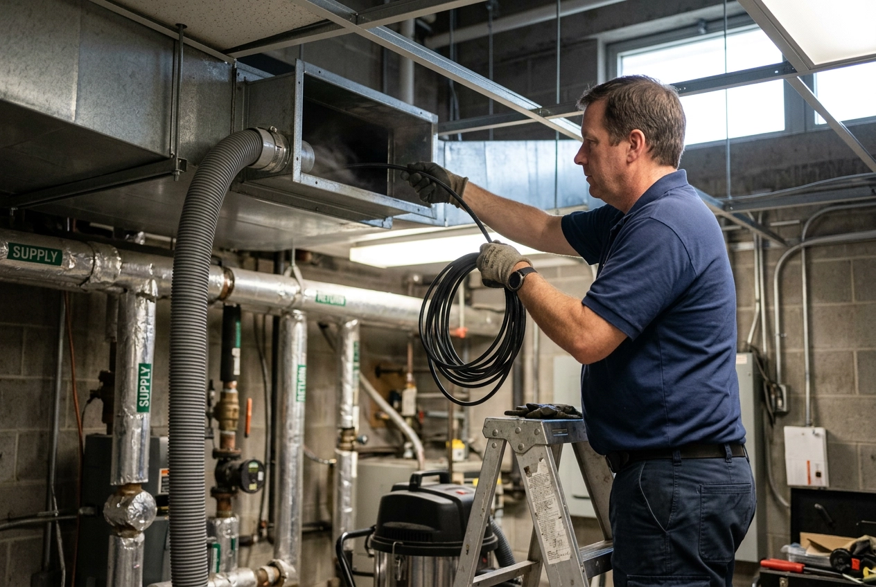 Agitating and vacuuming a duct run
