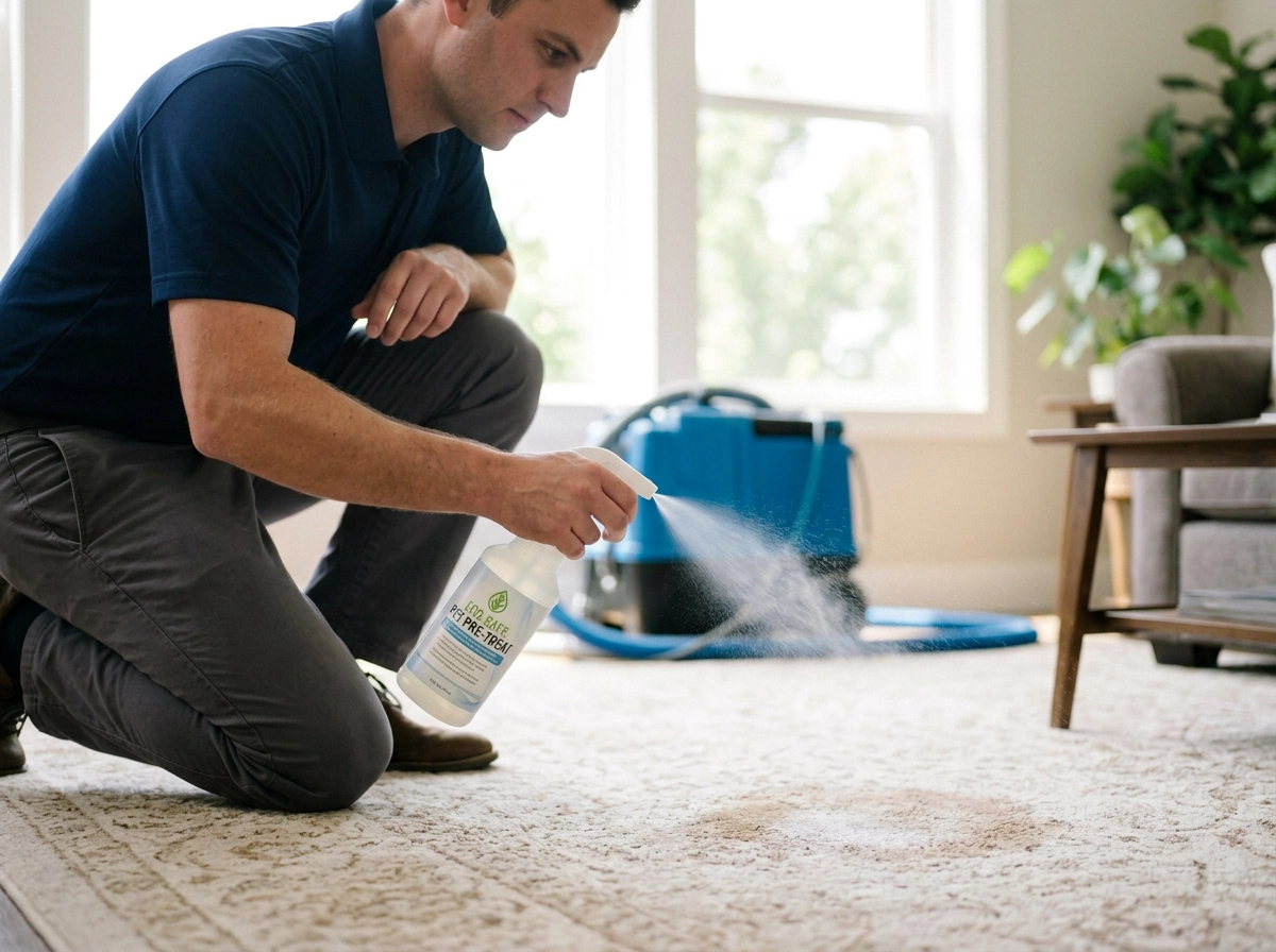 Technician pre-treating a carpet stain