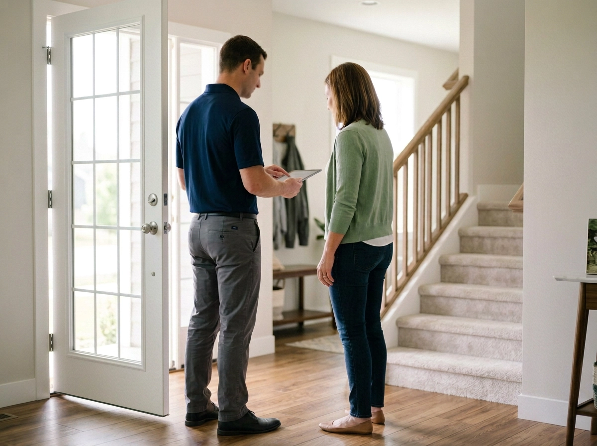 Technician greeting a homeowner at the front door for a walkthrough
