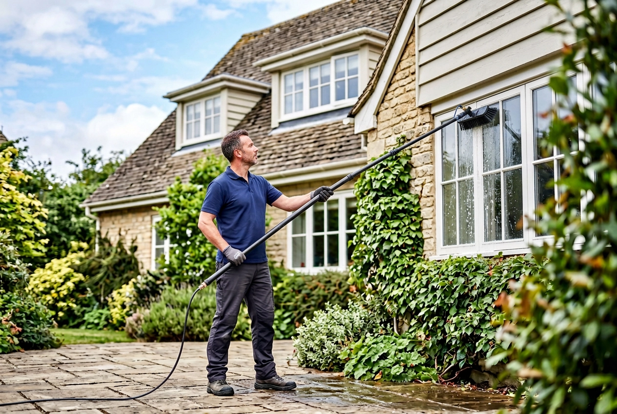 Cleaning a window with a purified-water pole