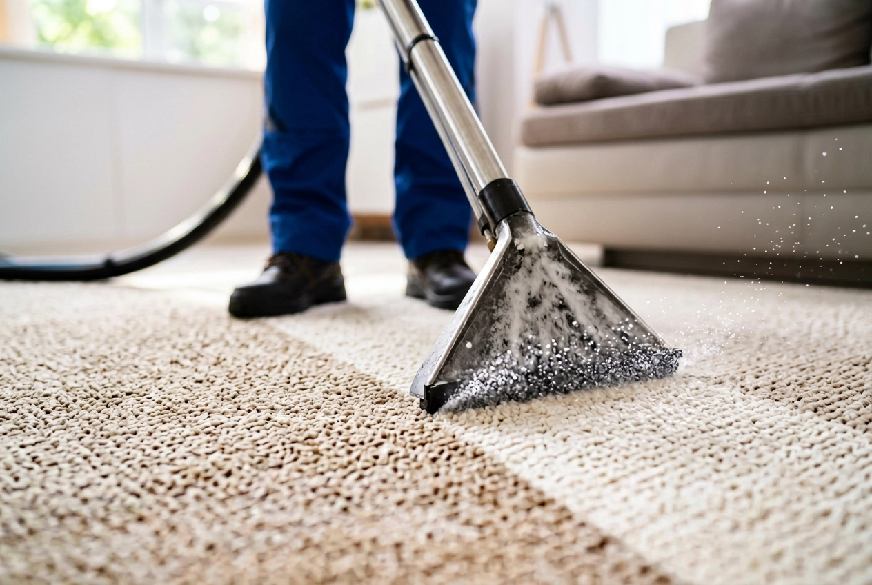 Technician using a low-moisture cleaning wand on carpet